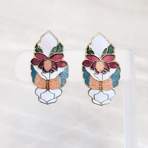 Vintage Clip On Earrings Cloisonné Flower Floral Statement